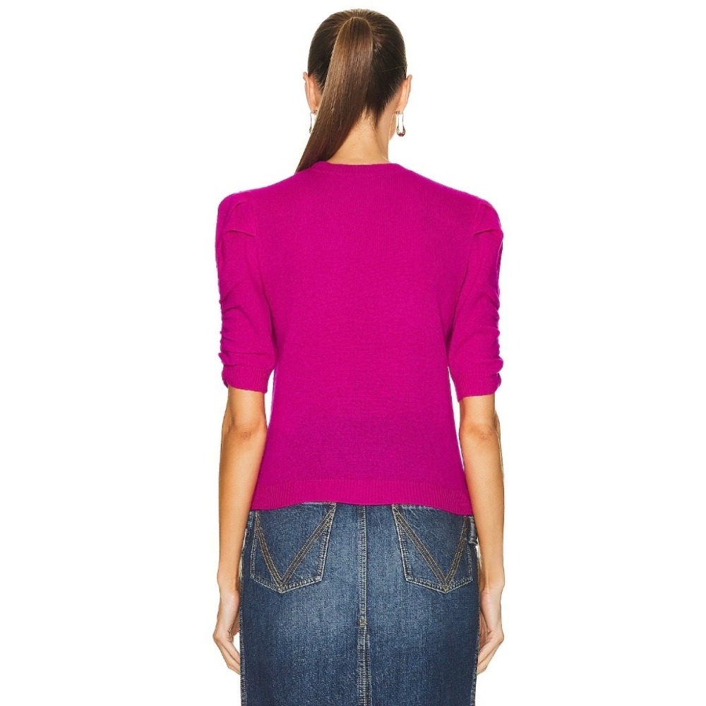 FRAME Frankie Ruched Sleeve Cashmere Sweater Magenta Puff Sleeve Knit XS - Picture 9 of 13